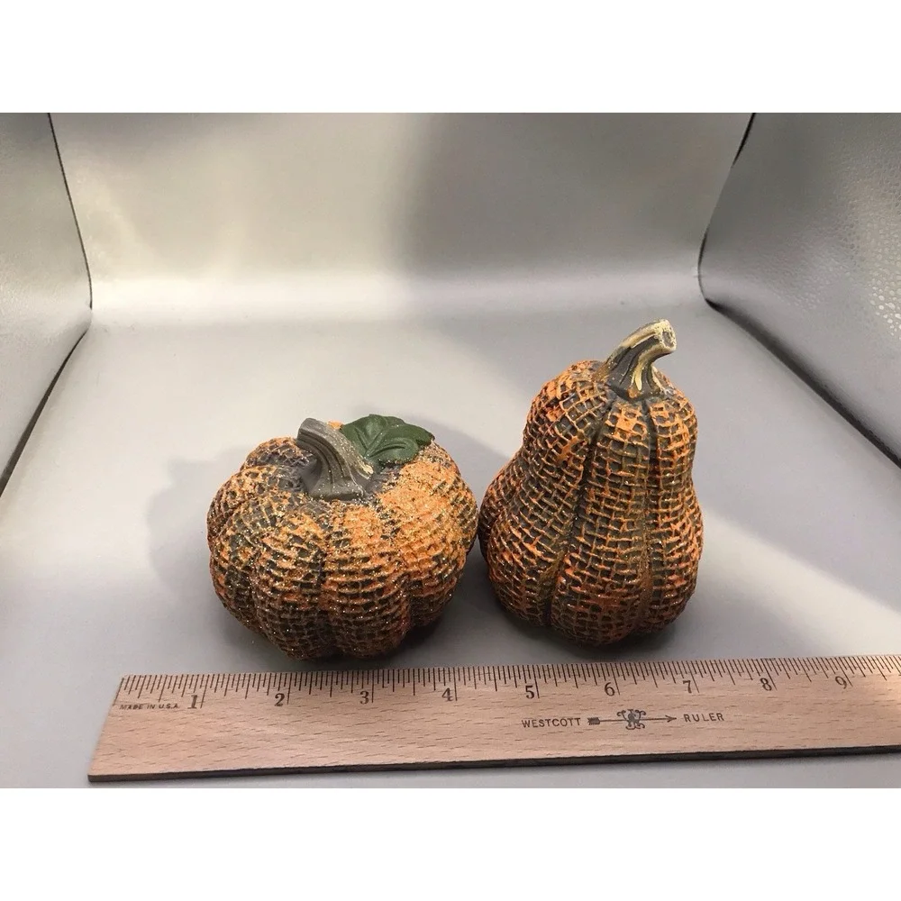 2 Sparkling Textured Green And Orange Pumpkins Fall Halloween Thanksgiving‎